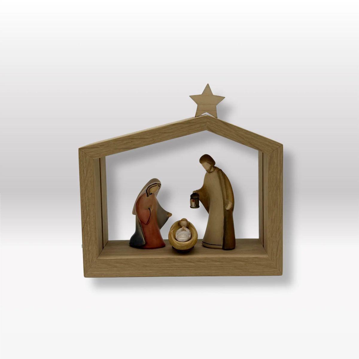 Heilige Familie (3 Figuren) von Leonardo bemalt mit Familienhaus "Akantus Design" Eiche natur