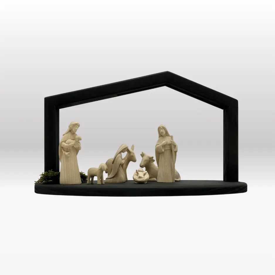 Krippenfiguren Set (7 Figuren) von Akantus natur mit Stall "Akantus Design" grau