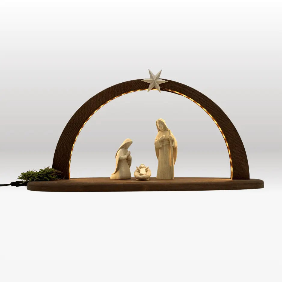 Heilige Familie (3 Figuren) von Akantus natur mit Stall "Sternenschein" dunkel