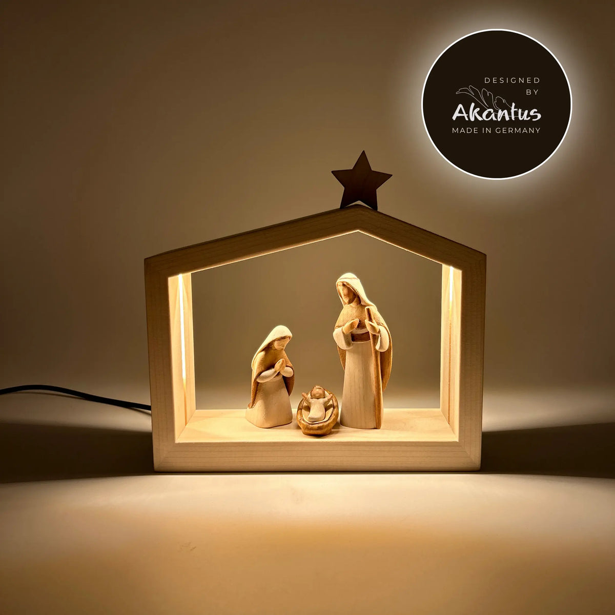 SACRA FAMIGLIA CON CAPANNA PRESEPE "AKANTUS DESIGN" NATURA (3 FIGURE) - PRESEPE LEONARDO NATURALE