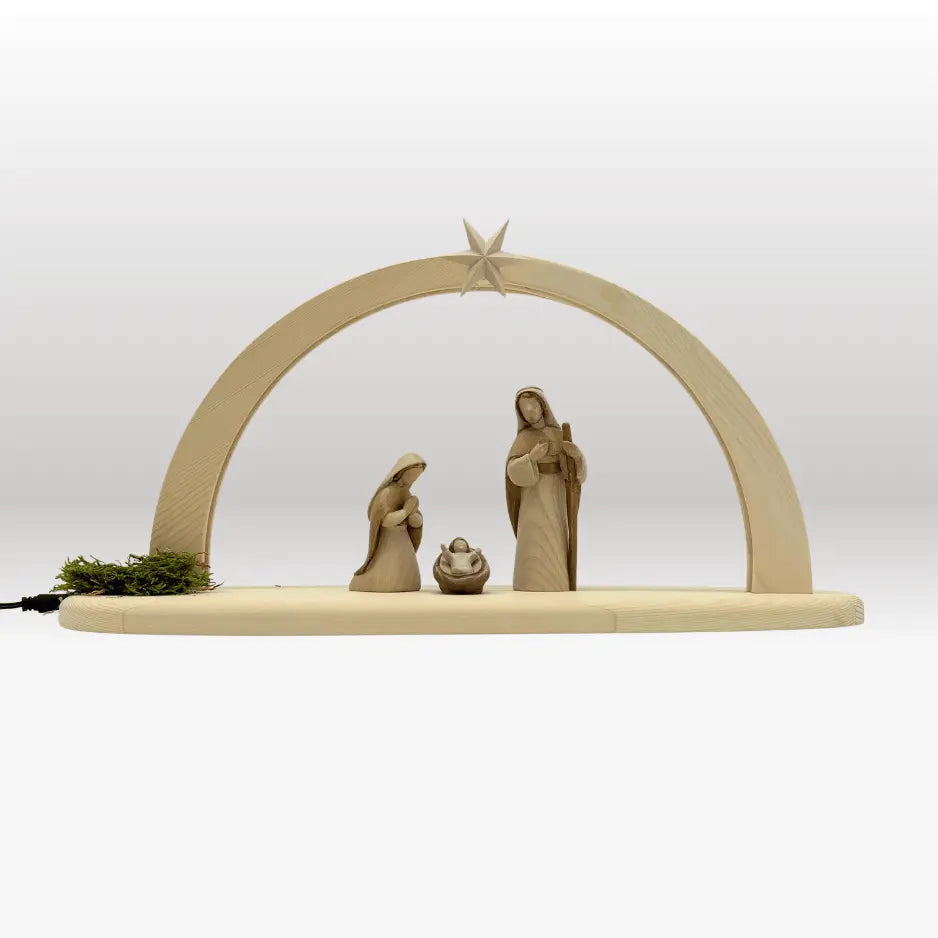 Heilige Familie (3 Figuren) von Akantus bemalt  mit Stall "Sternenschein" natur