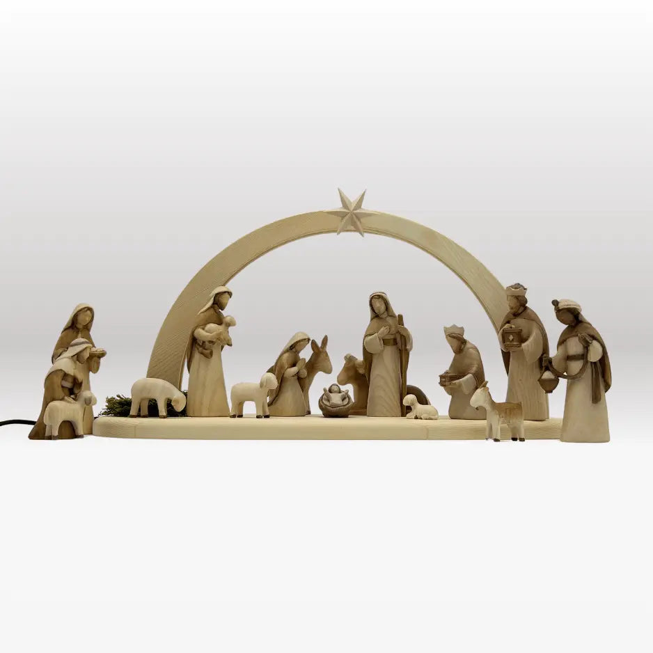 Krippenfiguren Set (15 Figuren) von Akantus bemalt mit Stall "Sternenschein"natur
