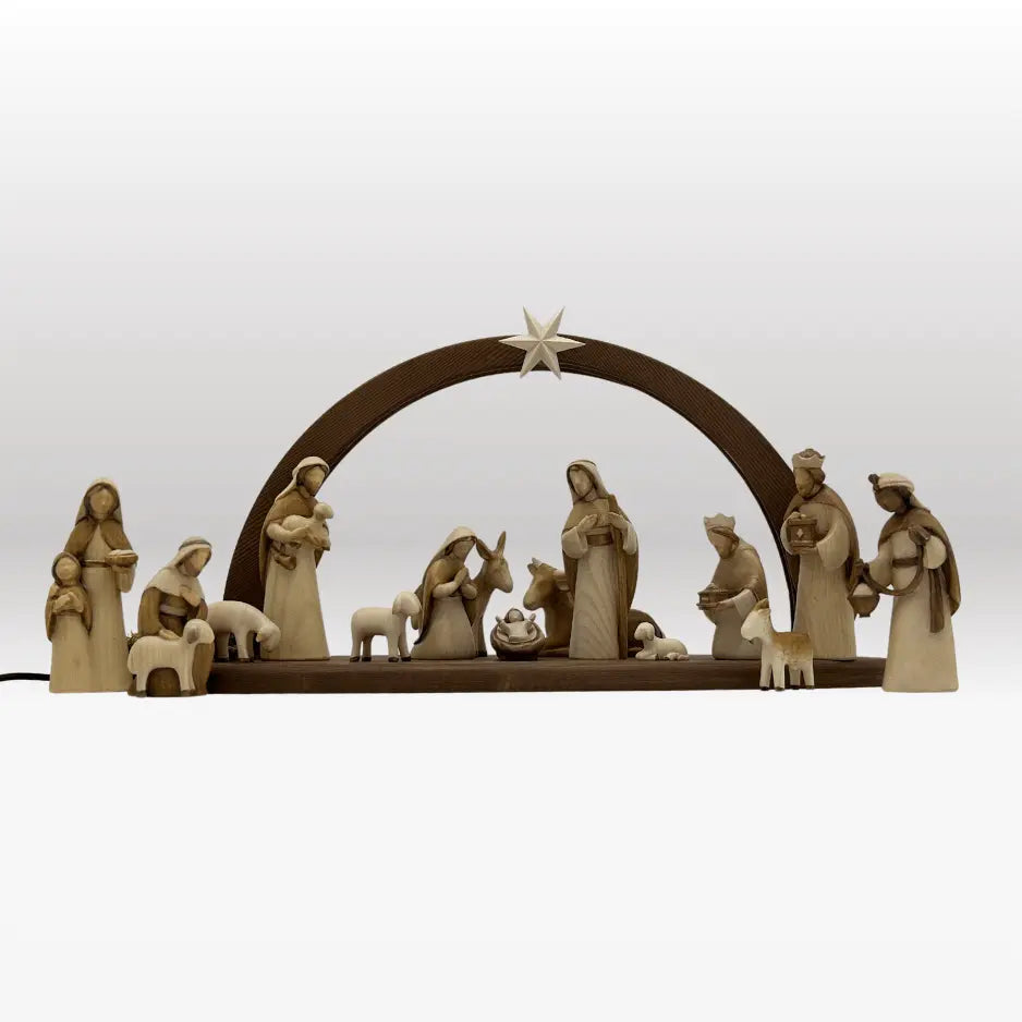 Krippenfiguren Set (15 Figuren) von Akantus bemalt mit Stall "Sternenschein"dunkel