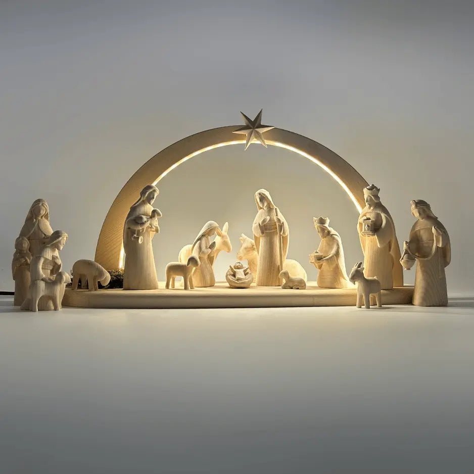 Krippenfiguren Set (15 Figuren) von Akantus natur mit Stall "Sternenschein" natur