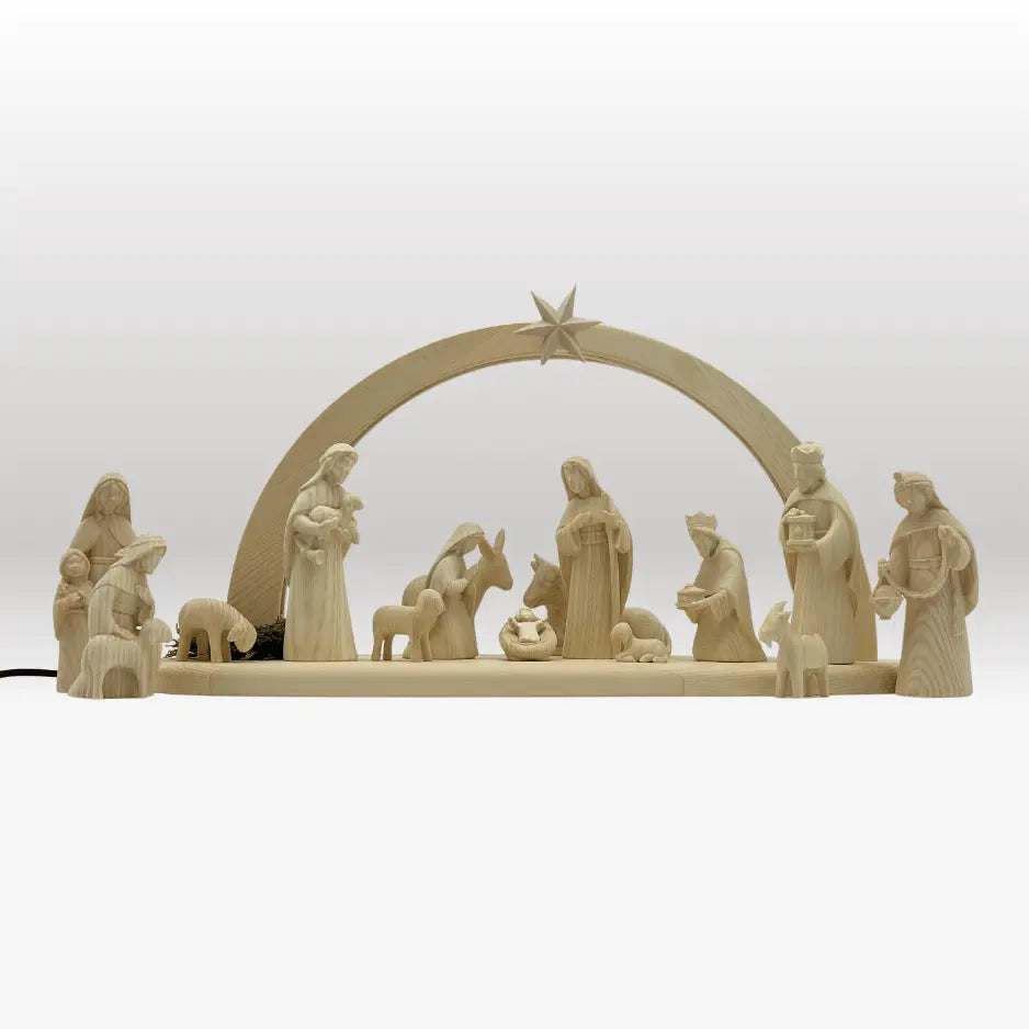 Krippenfiguren Set (15 Figuren) von Akantus natur mit Stall "Sternenschein" natur