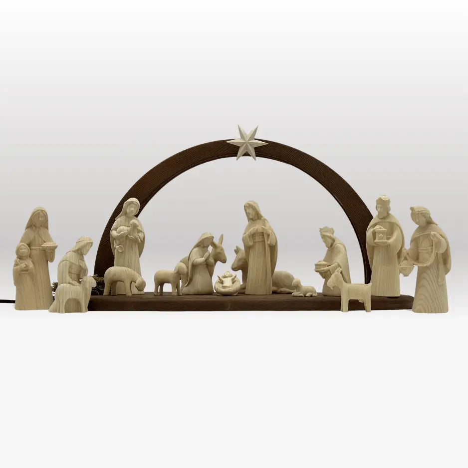 Krippenfiguren Set (15 Figuren) von Akantus natur mit Stall "Sternenschein" braun