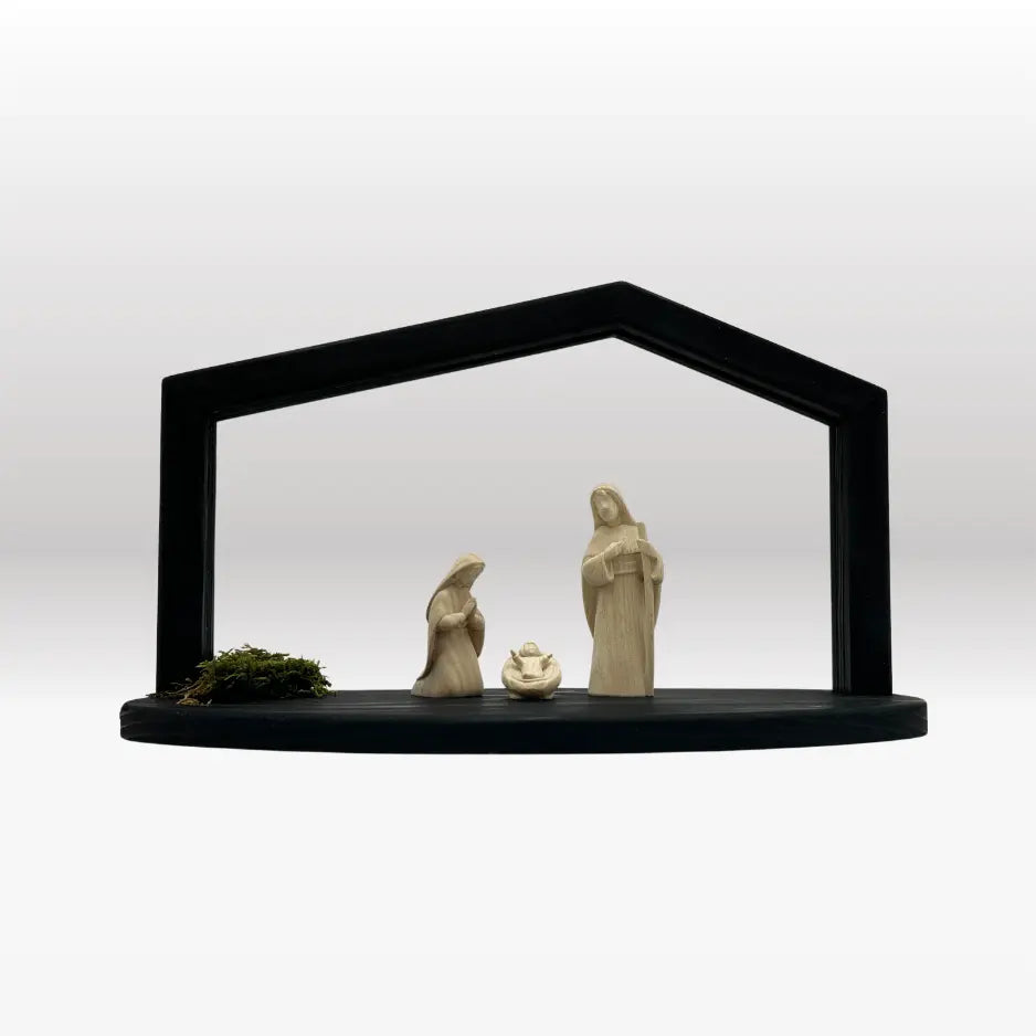 Heilige Familie (3 Figuren) von Akantus natur mit Stall "Akantus Design" schwarz