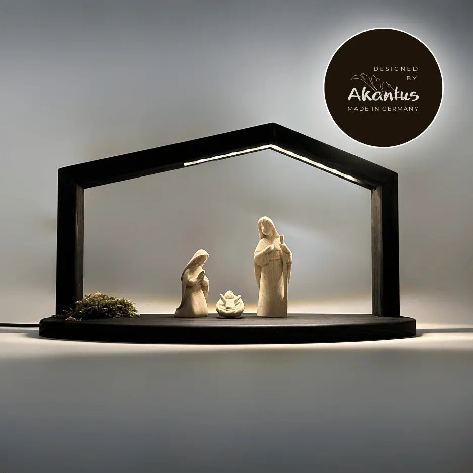 Heilige Familie (3 Figuren) von Akantus natur mit Stall "Akantus Design" schwarz