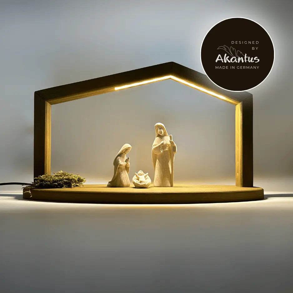 Heilige Familie (3 Figuren) von Akantus natur mit Stall "Akantus Design" brown