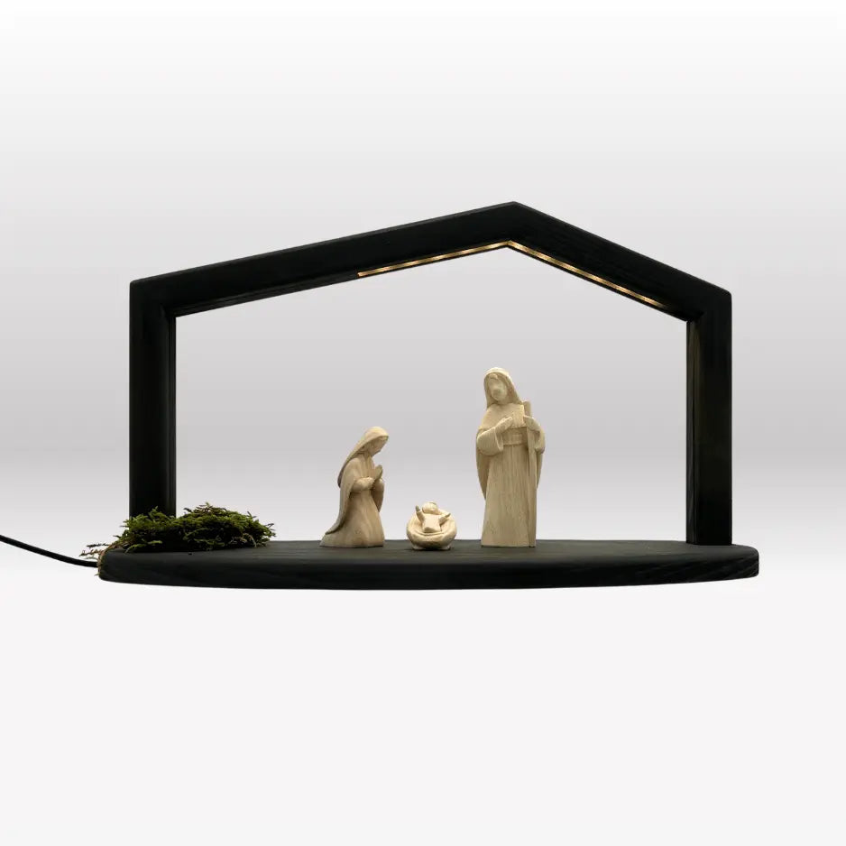 Heilige Familie (3 Figuren) von Akantus natur mit Stall "Akantus Design" grau