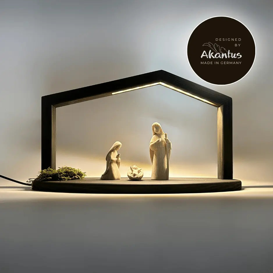 Heilige Familie (3 Figuren) von Akantus natur mit Stall "Akantus Design" grau