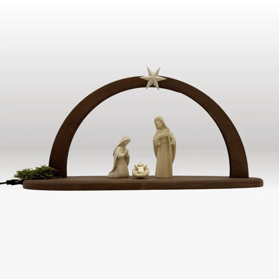 Heilige Familie (3 Figuren) von Akantus natur mit Stall "Sternenschein" dunkel