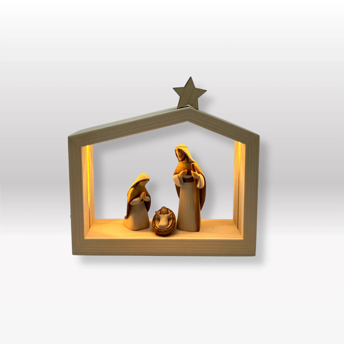SACRA FAMIGLIA CON CAPANNA PRESEPE "AKANTUS DESIGN" NATURA (3 FIGURE) - PRESEPE LEONARDO NATURALE